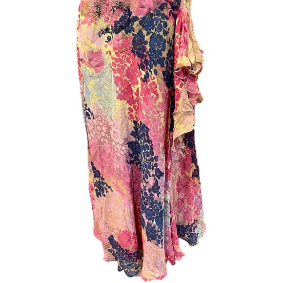 Sz XS 100% Silk Maxi Dress Floral Pink Blue RHINESTONE EMBELLISHED Sleeveless - Picture 4 of 14